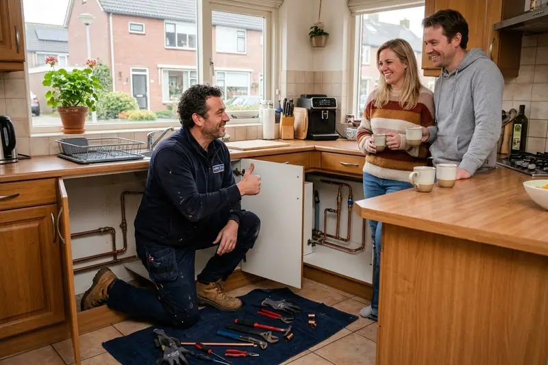 Loodgieter geeft een duim omhoog bij de gerepareerde keukenleiding terwijl de bewoners opgelucht toekijken met koffie