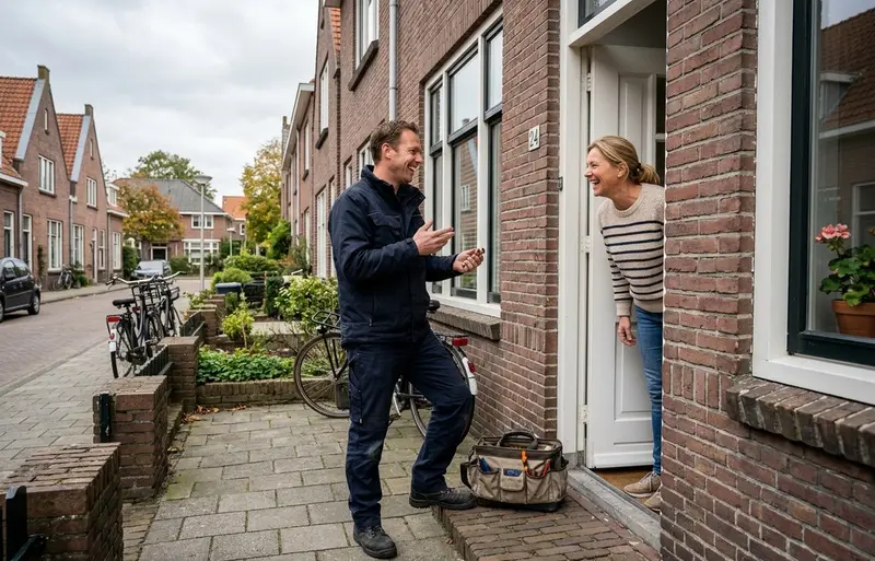 Loodgieter en bewoner maken lachend een praatje bij de voordeur na de klus