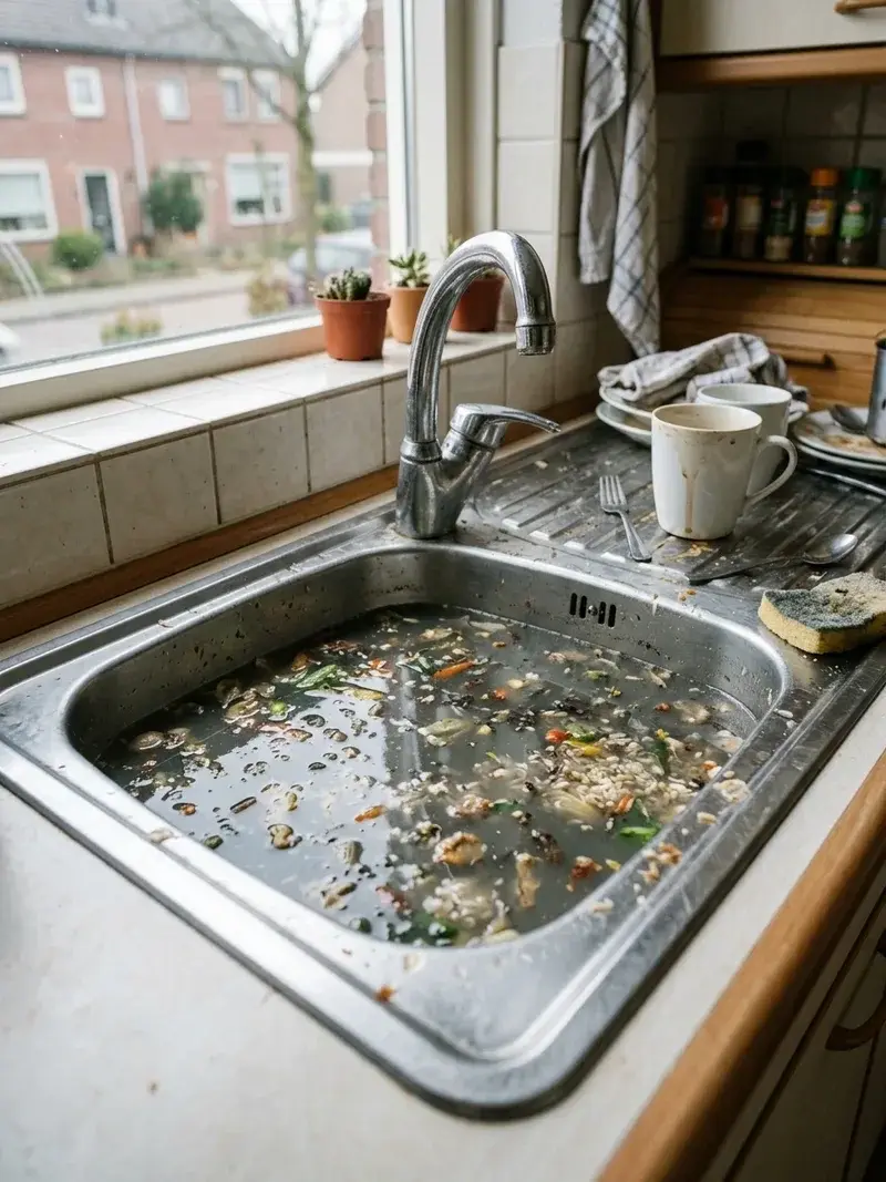 Verstopte gootsteen met stilstaand water